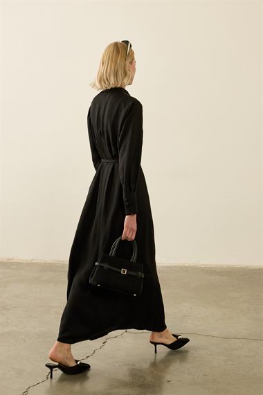 Olivia Degaje Yaka Britli Şık Elbise SİYAH