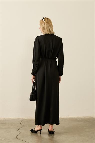 Olivia Degaje Yaka Britli Şık Elbise SİYAH