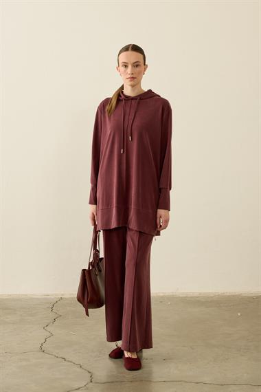 Oslo Yanları Fermuarlı Tencel Eşofman Pantolonlu Takım MÜRDÜM