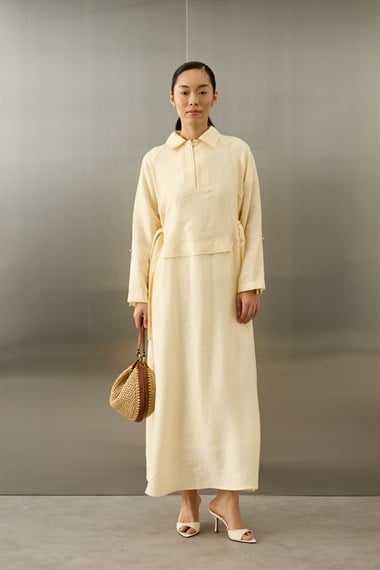 Pasion Fermuarlı D Tokalı Tencel Elbise EKRU