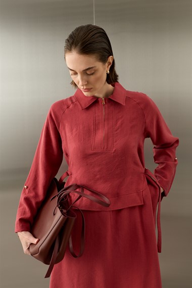 Pasion Fermuarlı D Tokalı Tencel Elbise BORDO