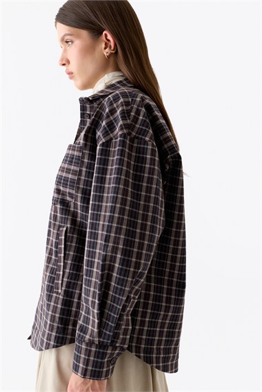 Plaid Ekoseli Bomber Pamuklu Gömlek KAHVERENGİ