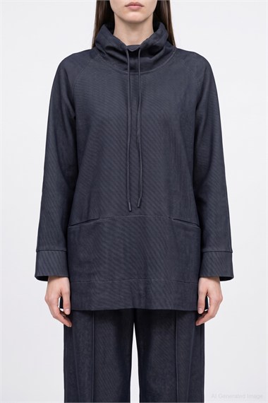 Porto Dik Yaka Örme Denim Sweatshirt LACİVERT