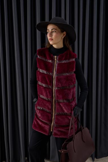 Premium Deri ve Kürk Detaylı Yelek MÜRDÜM