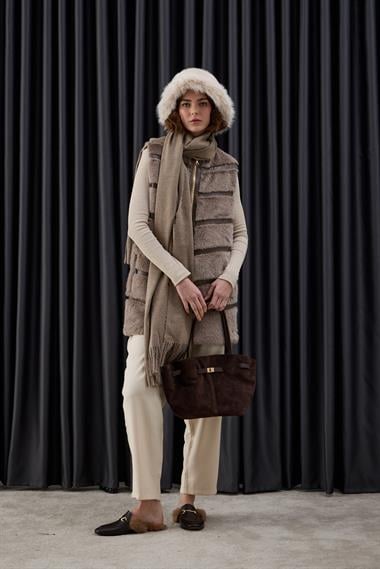 Premium Deri ve Kürk Detaylı Yelek VİZON