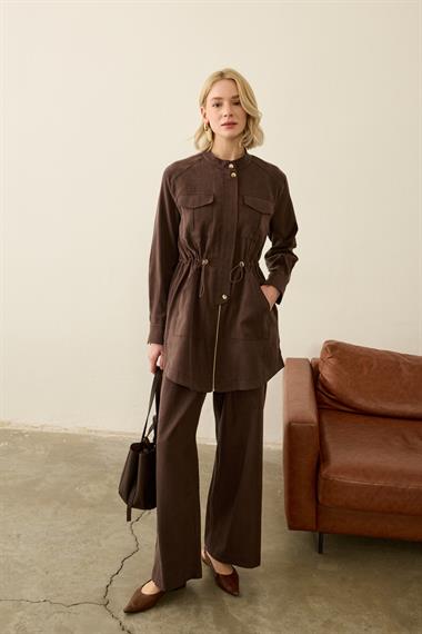 Princess Beli Lastikli Lyocell Pantolonlu Takım KAHVERENGİ