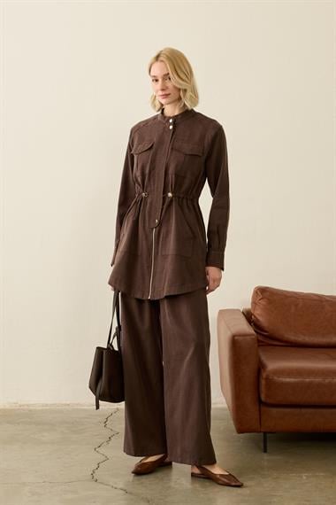 Princess Beli Lastikli Lyocell Pantolonlu Takım KAHVERENGİ