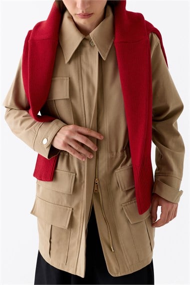 Rita Cep Detaylı Beli Büzgülü Pamuklu Parka CAMEL
