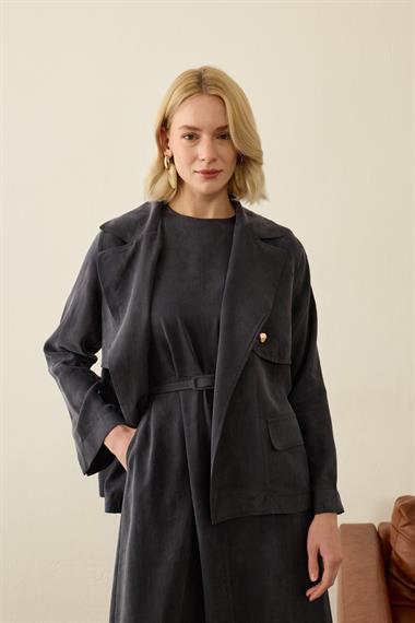 Riva Özel Çıtçıtlı Kemerli Lyocell İçlik Elbiseli Takım LACİVERT