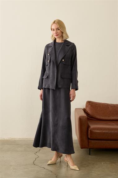 Riva Özel Çıtçıtlı Kemerli Lyocell İçlik Elbiseli Takım LACİVERT