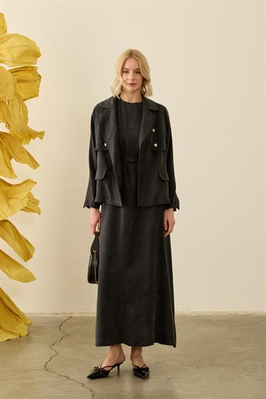 Riva Özel Çıtçıtlı Kemerli Lyocell İçlik Elbiseli Takım SİYAH