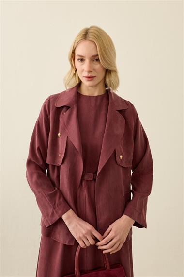 Riva Özel Çıtçıtlı Kemerli Lyocell İçlik Elbiseli Takım MÜRDÜM