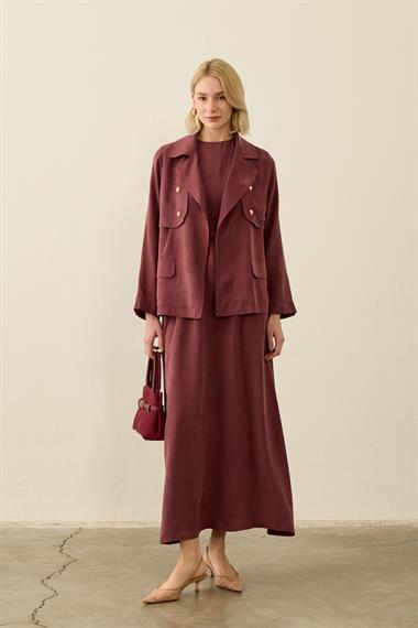 Riva Özel Çıtçıtlı Kemerli Lyocell İçlik Elbiseli Takım MÜRDÜM