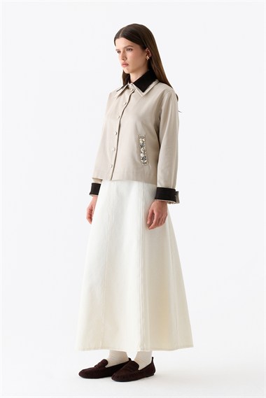 River Kadife Yakalı İşleme Taşlı Pamuklu Ceket TAŞ