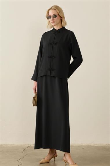 Sakura Çin Düğmeli Lyocell İçlik Elbiseli Takım SİYAH