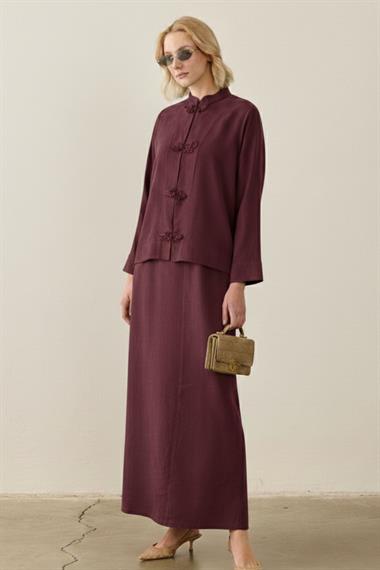 Sakura Çin Düğmeli Lyocell İçlik Elbiseli Takım MÜRDÜM