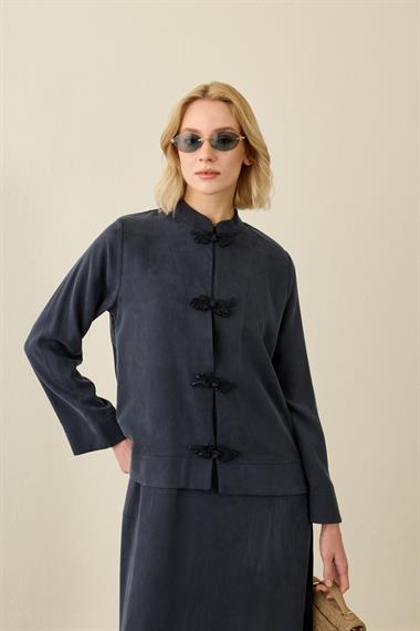 Sakura Çin Düğmeli Lyocell İçlik Elbiseli Takım LACİVERT