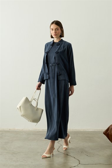 Sakura Çin Düğmeli Lyocell İçlik Elbiseli Takım LACİVERT