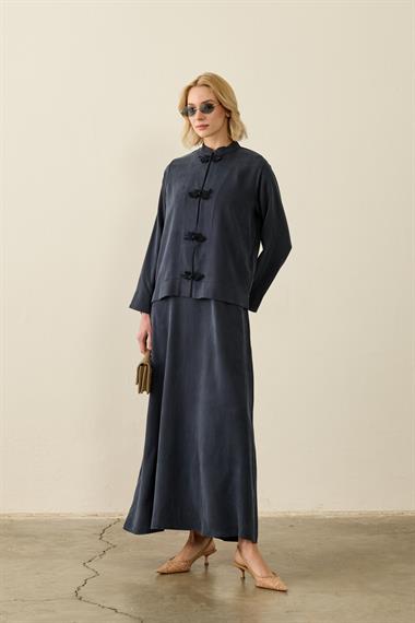 Sakura Çin Düğmeli Lyocell İçlik Elbiseli Takım LACİVERT