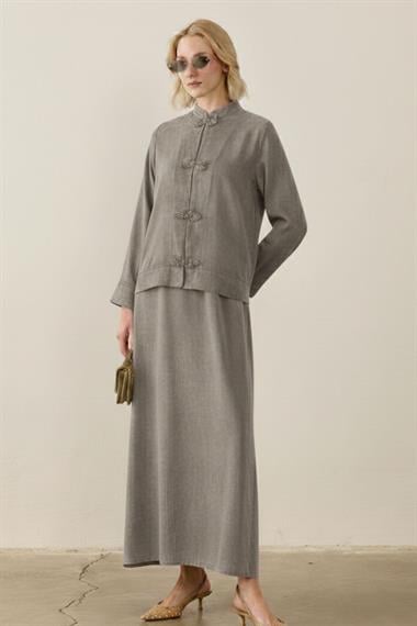 Sakura Çin Düğmeli Lyocell İçlik Elbiseli Takım GRİ