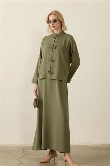 Sakura Çin Düğmeli Lyocell İçlik Elbiseli Takım ZÜMRÜT