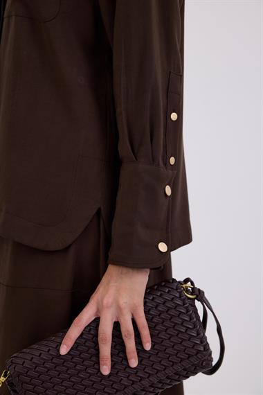 Sara Gold Düğmeli Cepli Etekli Takım KAHVERENGİ