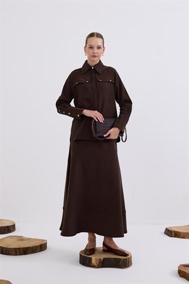 Sara Gold Düğmeli Cepli Etekli Takım KAHVERENGİ