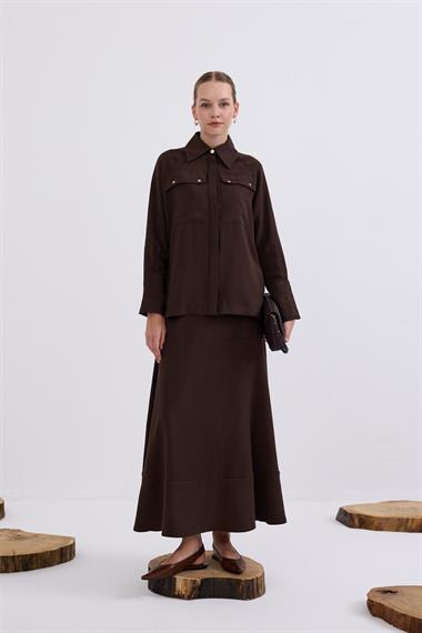 Sara Gold Düğmeli Cepli Etekli Takım KAHVERENGİ