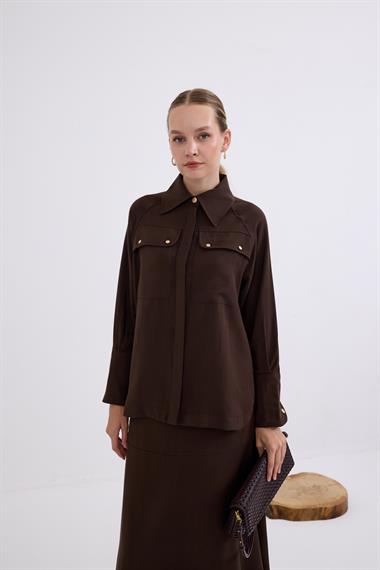 Sara Gold Düğmeli Cepli Etekli Takım KAHVERENGİ