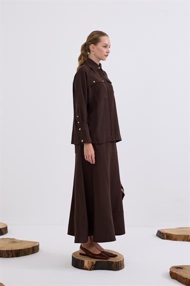 Sara Gold Düğmeli Cepli Etekli Takım KAHVERENGİ