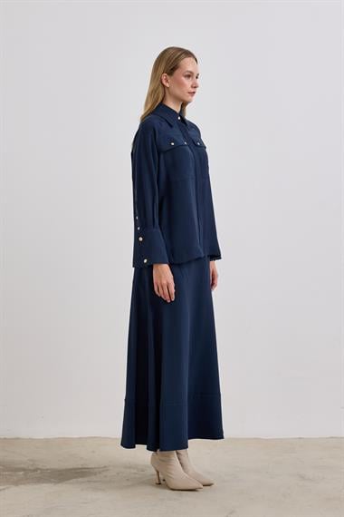 Sara Gold Düğmeli Cepli Etekli Takım LACİVERT
