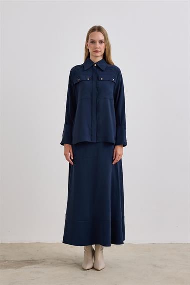 Sara Gold Düğmeli Cepli Etekli Takım LACİVERT