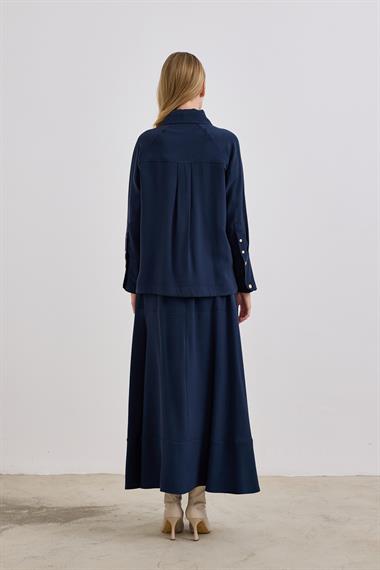 Sara Gold Düğmeli Cepli Etekli Takım LACİVERT