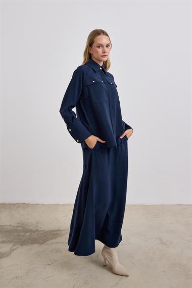 Sara Gold Düğmeli Cepli Etekli Takım LACİVERT