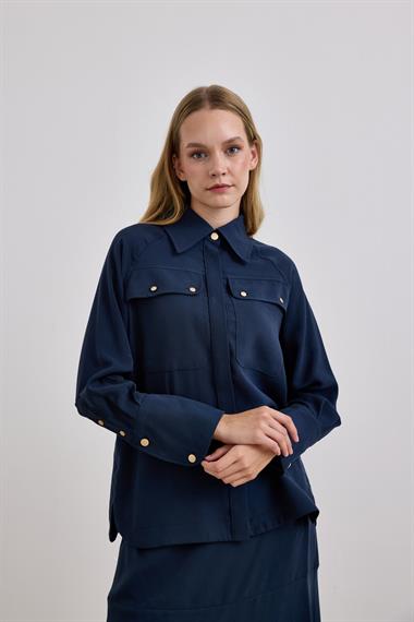 Sara Gold Düğmeli Cepli Etekli Takım LACİVERT