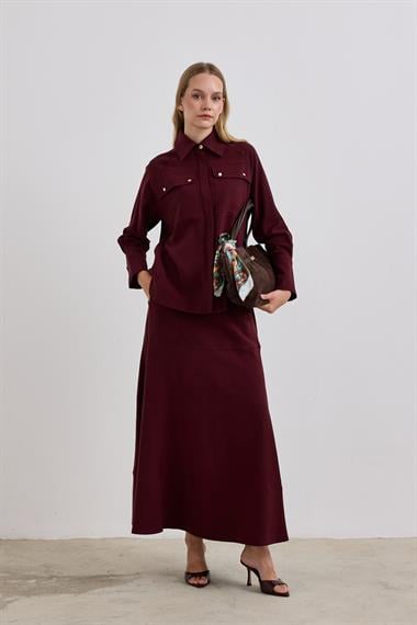 Sara Gold Düğmeli Cepli Etekli Takım MÜRDÜM