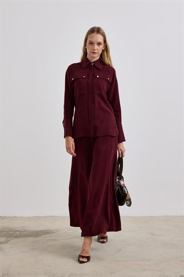 Sara Gold Düğmeli Cepli Etekli Takım MÜRDÜM