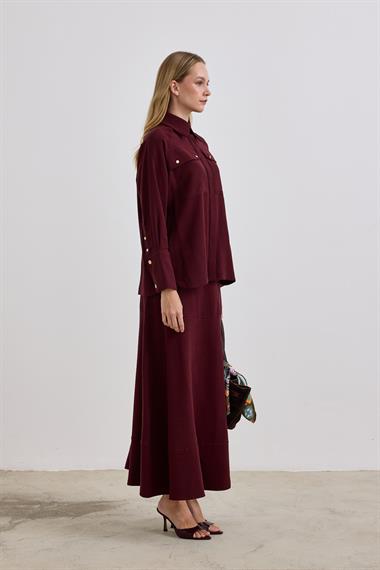 Sara Gold Düğmeli Cepli Etekli Takım MÜRDÜM