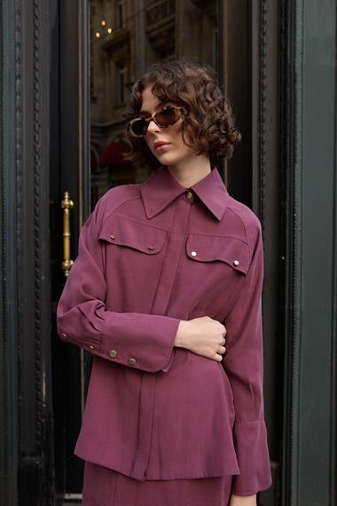 Sara Gold Düğmeli Cepli Etekli Takım MÜRDÜM