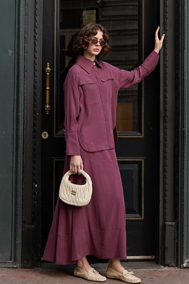 Sara Gold Düğmeli Cepli Etekli Takım MÜRDÜM