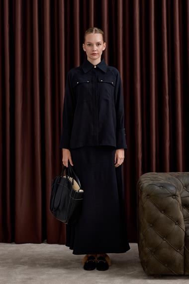 Sara Gold Düğmeli Cepli Etekli Takım SİYAH