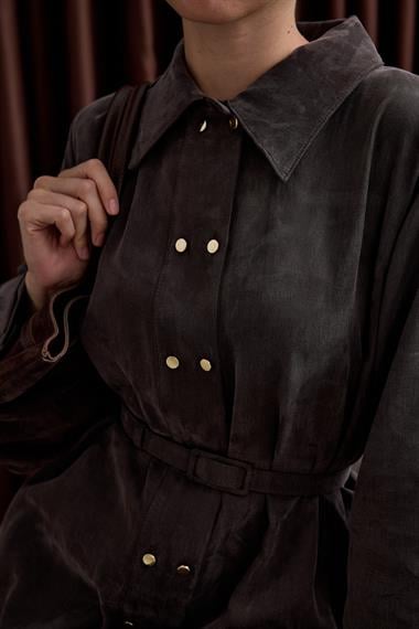 Serena Gold Düğmeli Kemerli Tunik KAHVERENGİ