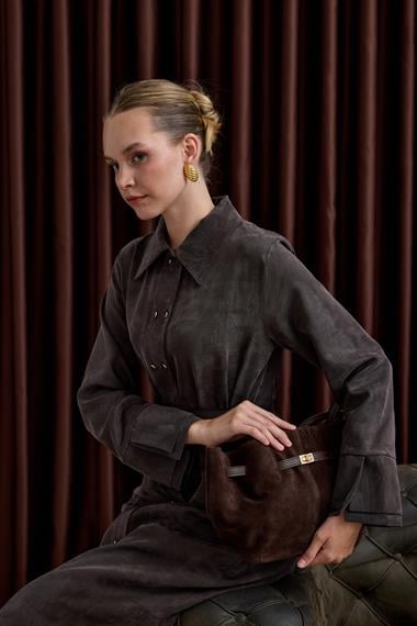 Serena Gold Düğmeli Kemerli Tunik KAHVERENGİ