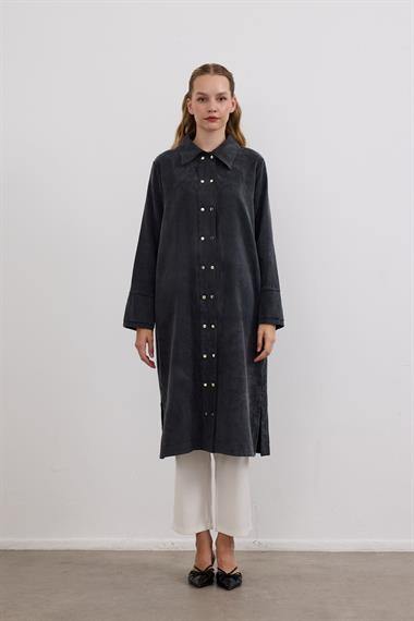 Serena Gold Düğmeli Kemerli Tunik SİYAH