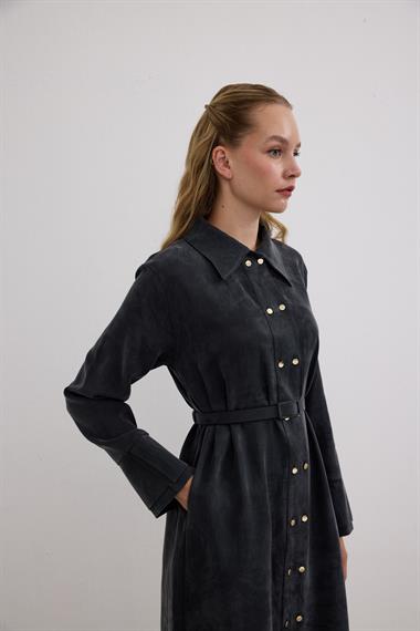 Serena Gold Düğmeli Kemerli Tunik SİYAH