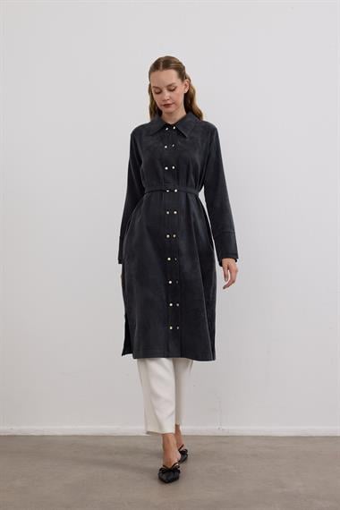 Serena Gold Düğmeli Kemerli Tunik SİYAH