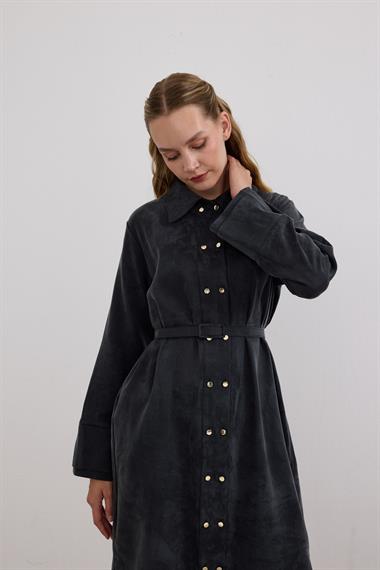 Serena Gold Düğmeli Kemerli Tunik SİYAH