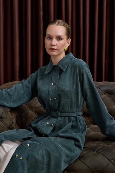 Serena Gold Düğmeli Kemerli Tunik ZÜMRÜT