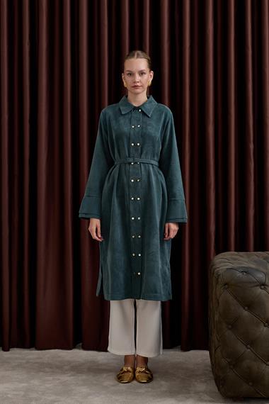 Serena Gold Düğmeli Kemerli Tunik ZÜMRÜT