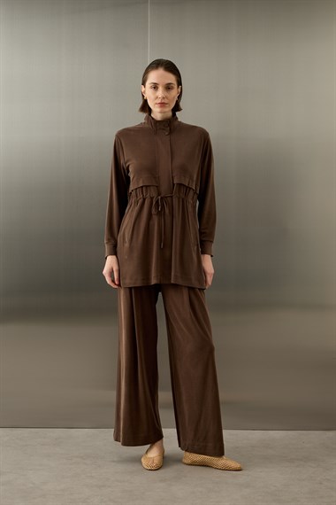 Seul Beli Kuşaklı Örme Rayon Eşofman Pantolonlu Takım KAHVERENGİ
